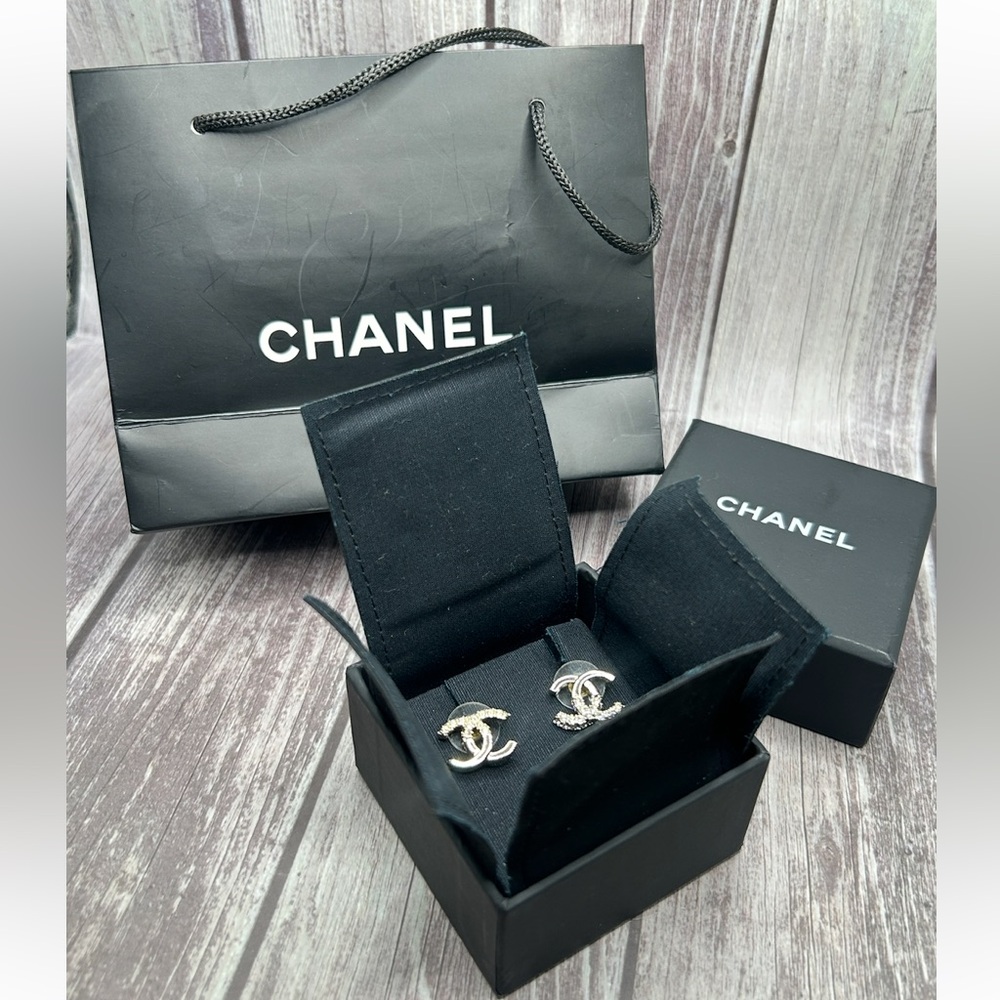 CHANEL Silver CC Rhinestone Accent Pierced Stud Earrings + Box & Bag - Picture 2 of 15